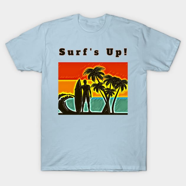 Surf's Up! (surfer, surfboard, palmtrees, waves, sunset) T-Shirt by PersianFMts